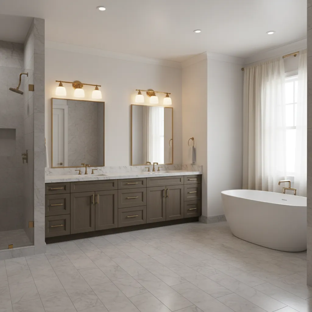 Large double bathroom vanity with two mirrors and multiple light fixtures above