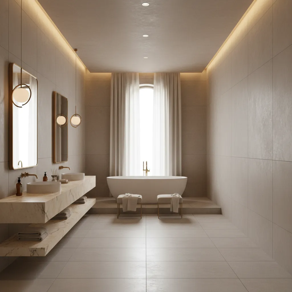 Large double vanity bathroom with decorative pendant lighting