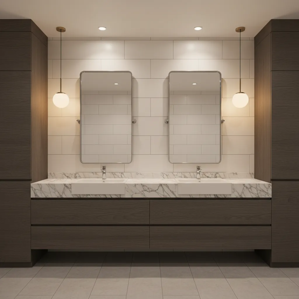 Double sink bathroom vanity with pendant lights centered over each sink