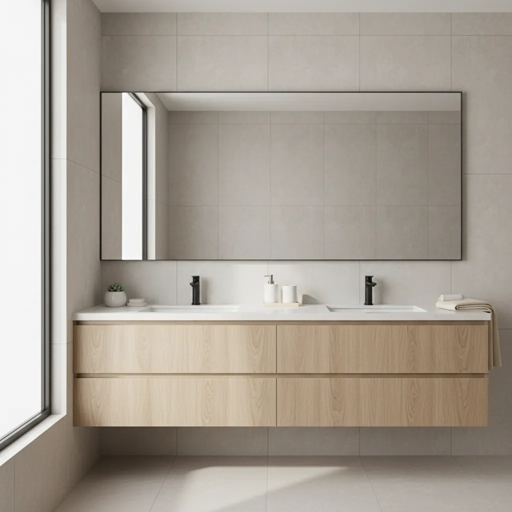 modern bathroom with double vanity and one large wall mirror