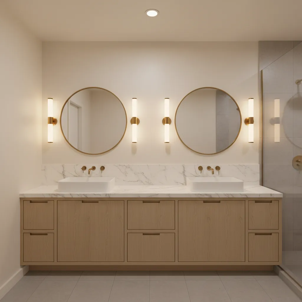 double vanity bathroom with two separate mirrors and wall sconces