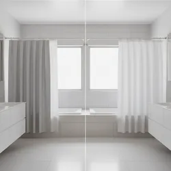 Comparison showing grey fabric curtain versus thin white curtain in a bright white bathroom space