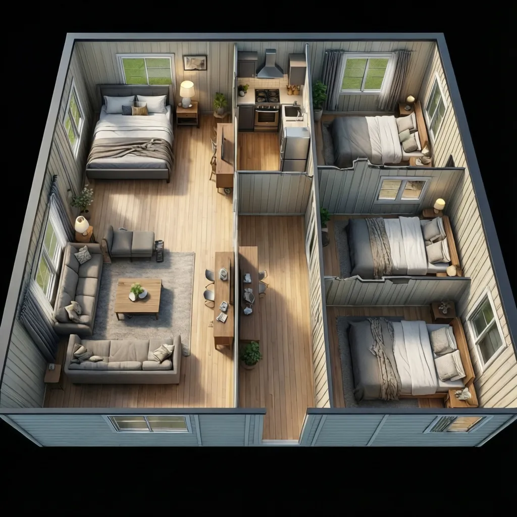 Double wide manufactured home with split bedroom layout and central living space