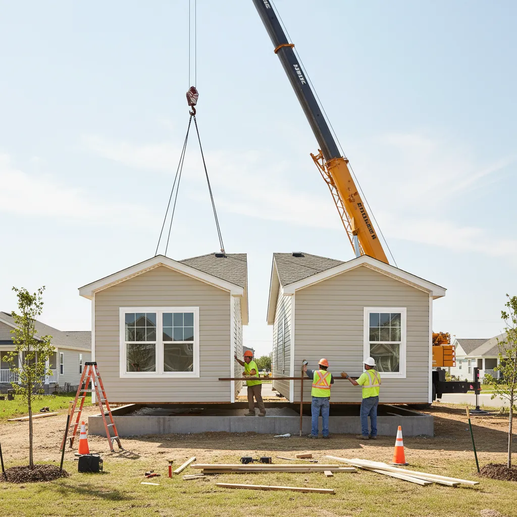 Double wide mobile home sections being installed on site