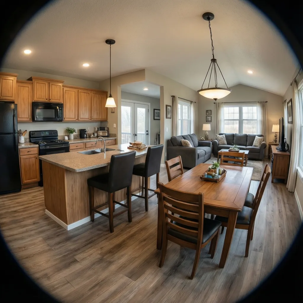 Open kitchen and living room layout in a modern double wide manufactured home