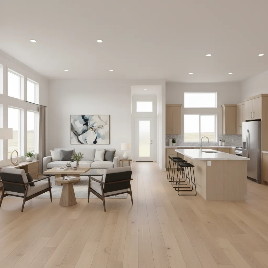 Spacious double wide mobile home living room and kitchen layout