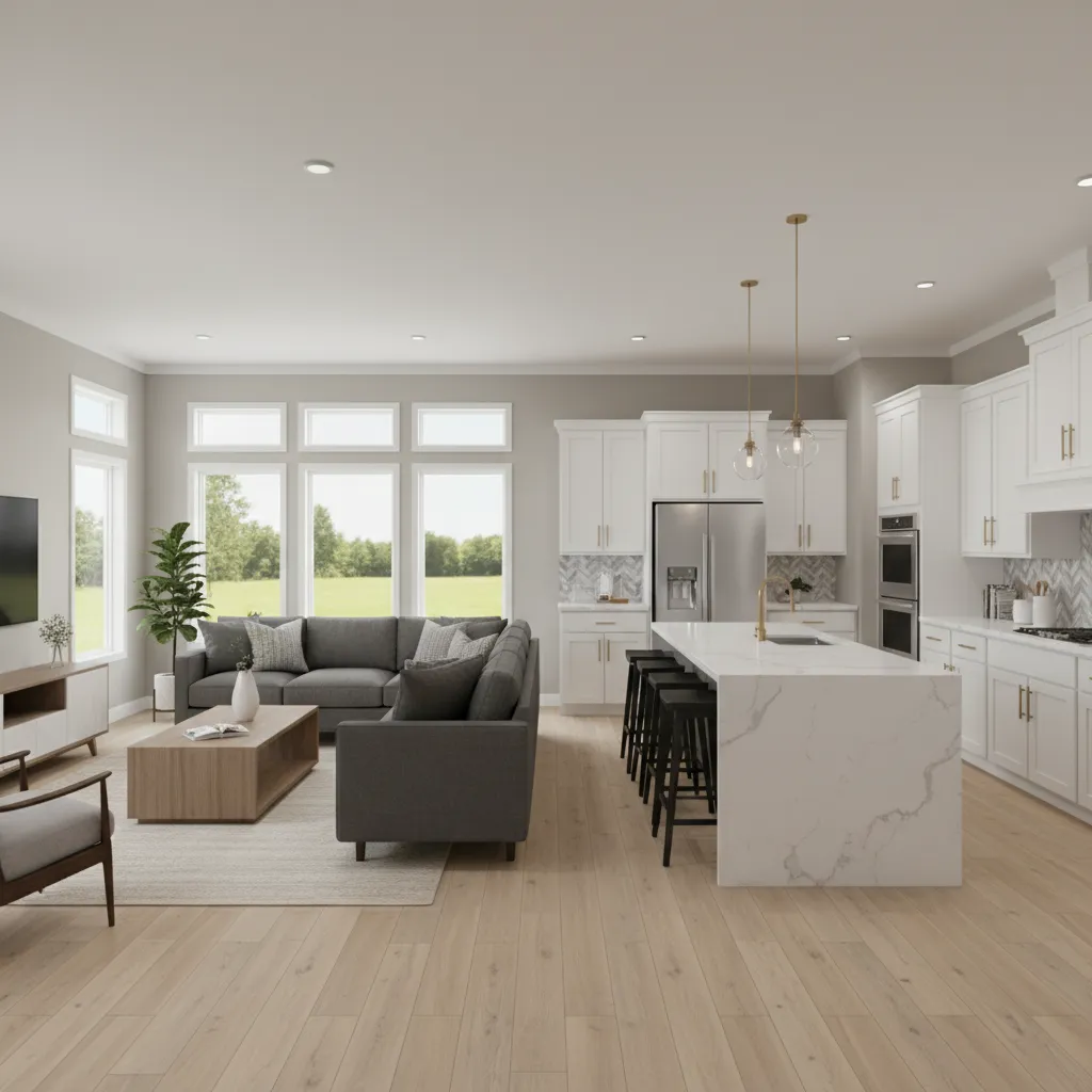 Open living and kitchen layout inside a double wide mobile home
