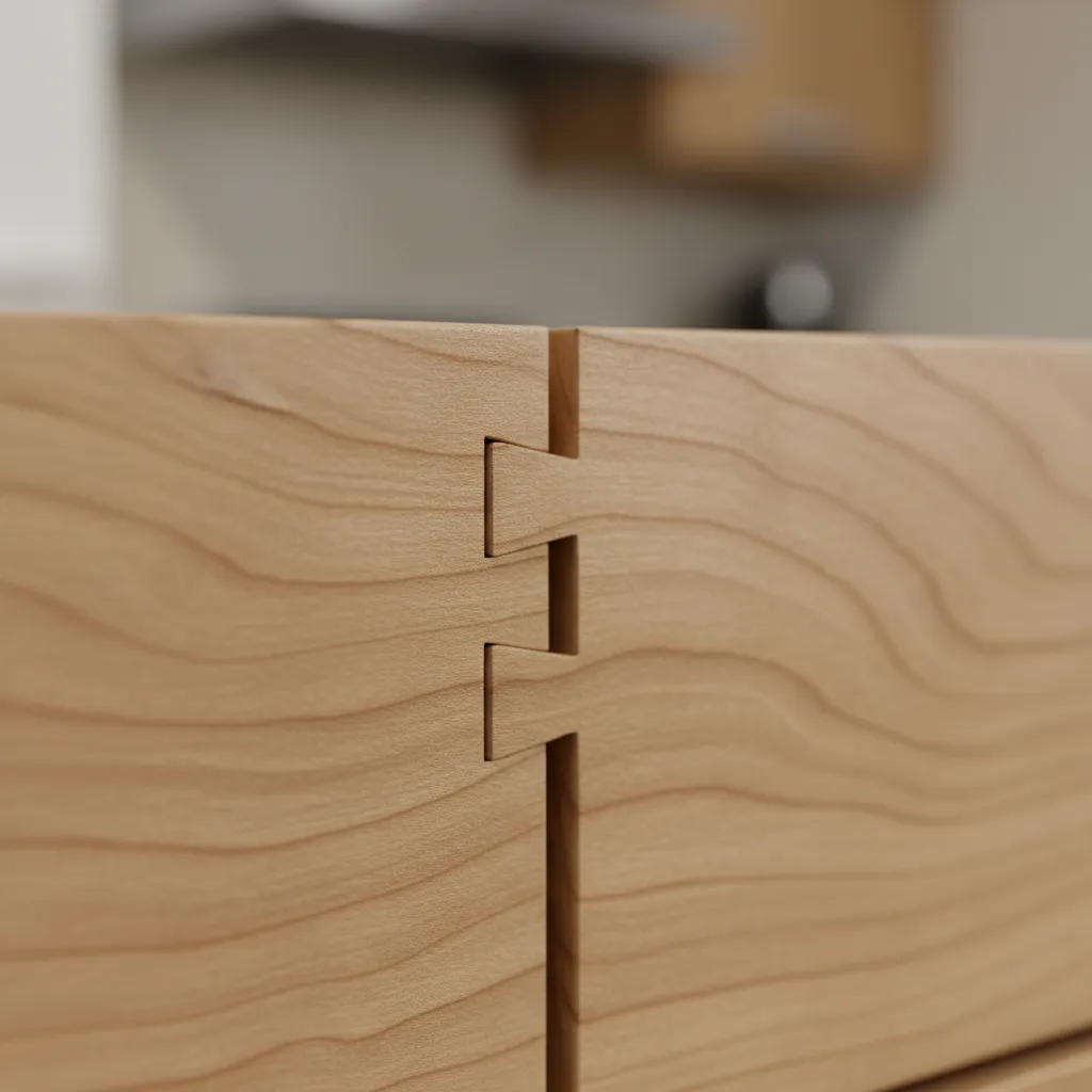 Close up of dovetail drawer joint used in high quality kitchen cabinets