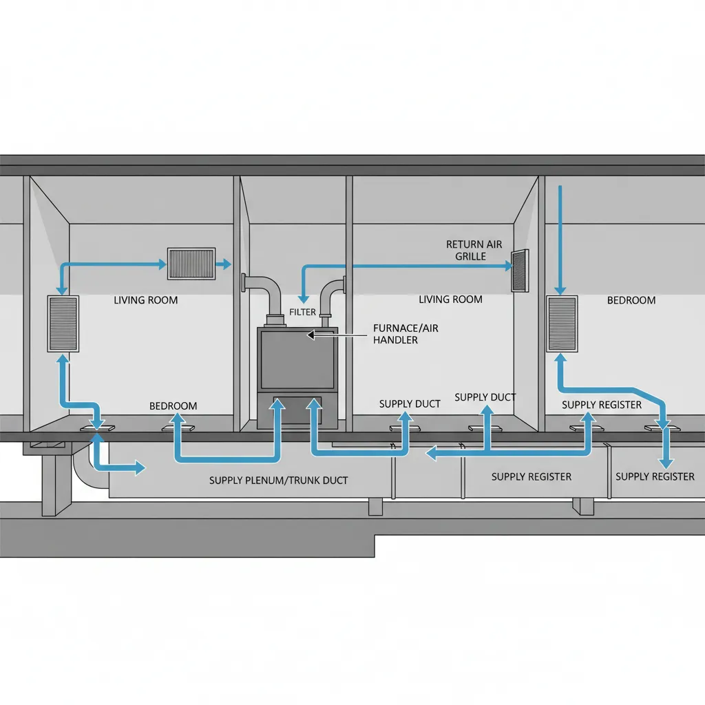 Diagram showing downflow HVAC airflow through floor ducts in a manufactured home
