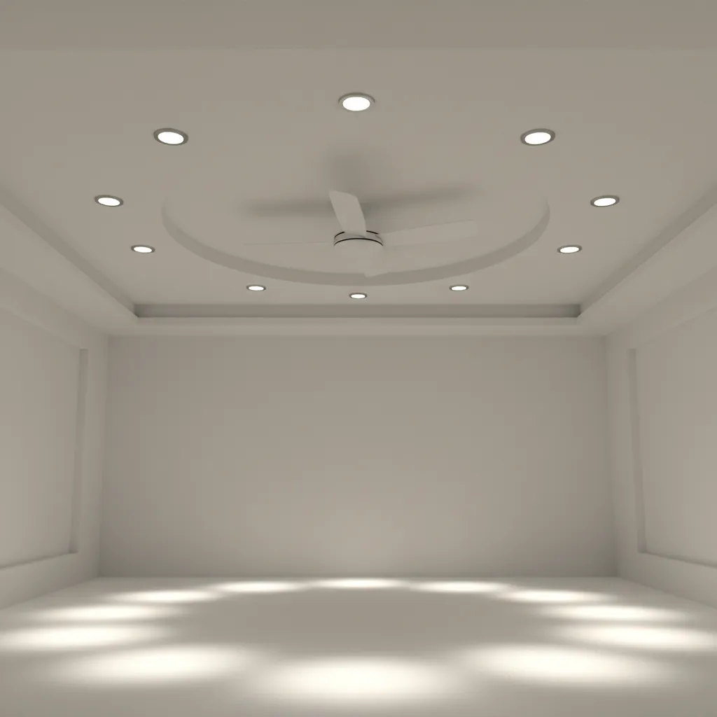Downlight placement around ceiling fan showing safe lighting zones