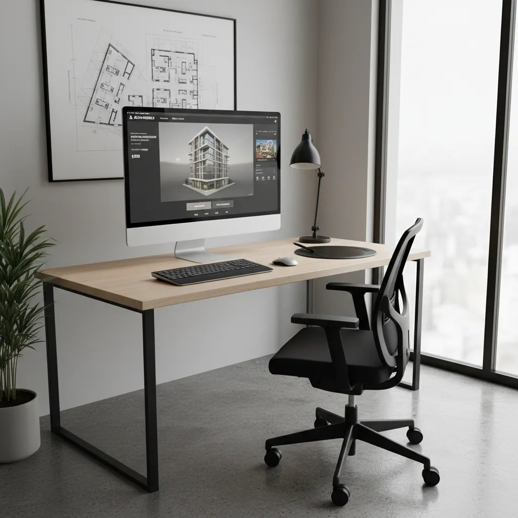 Computer screen downloading a 3D model from an online asset library