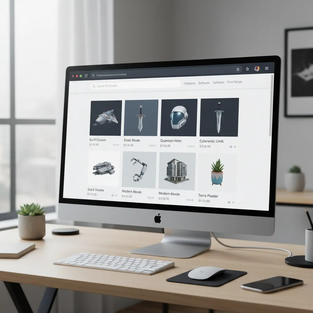Browsing a 3D model library website with various downloadable models