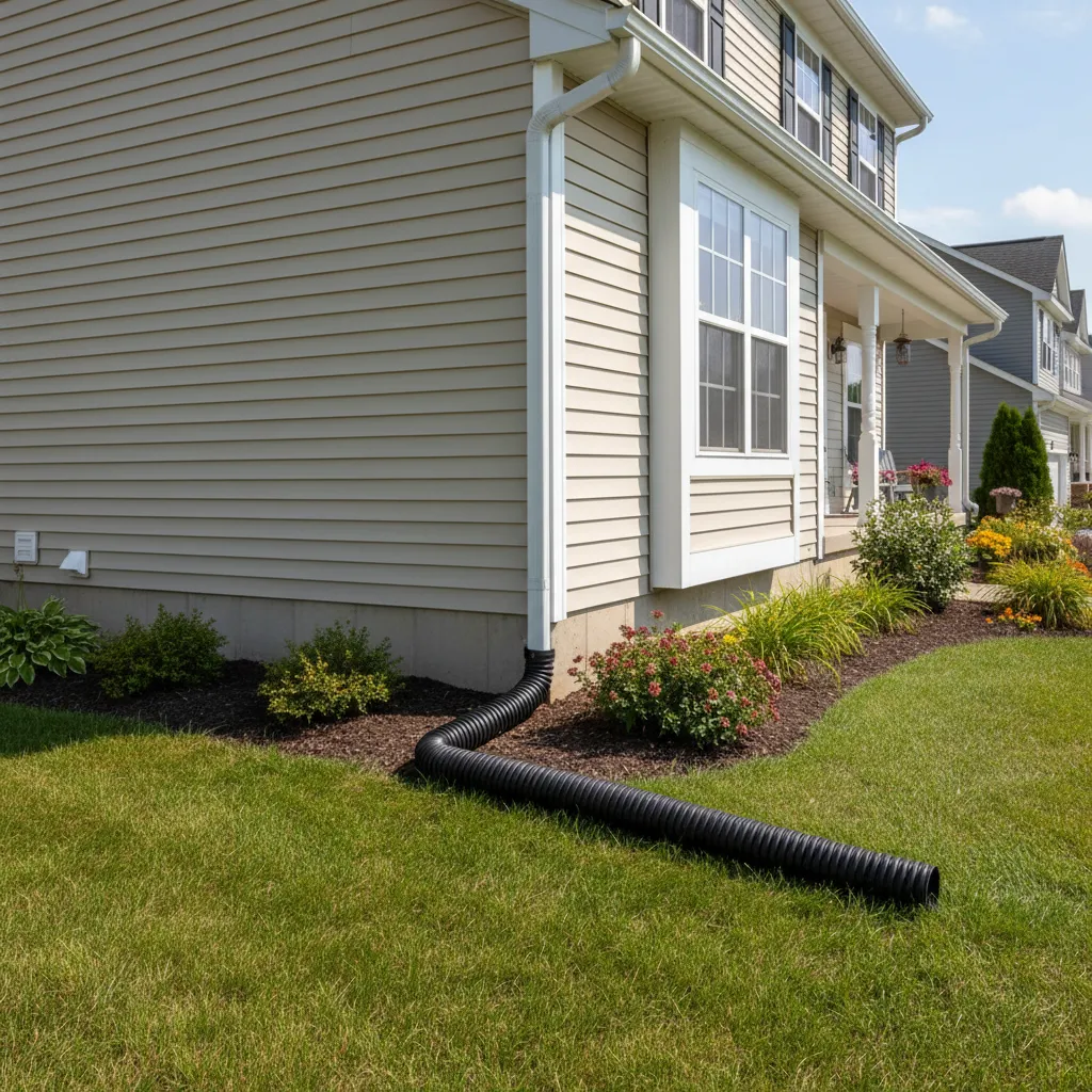 House downspout extension directing water away from the foundation