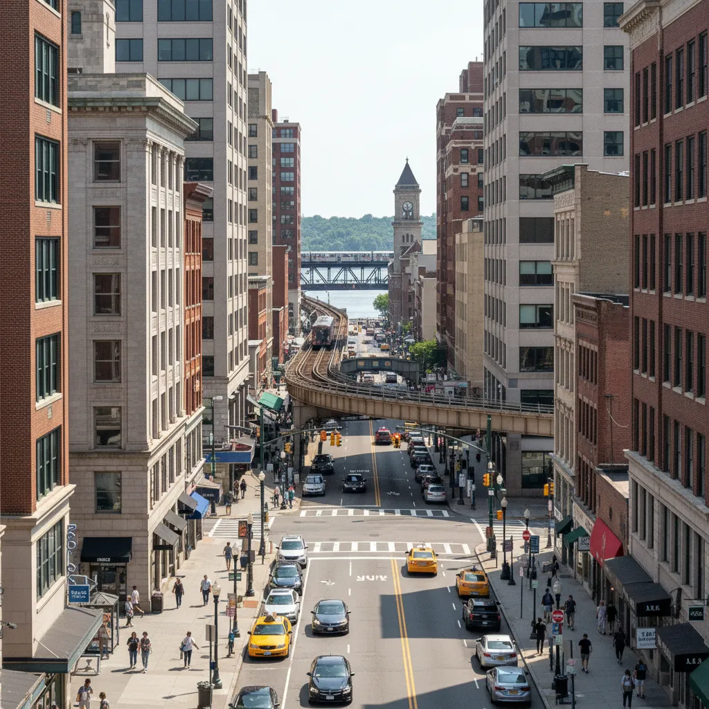 Downtown Yonkers commercial district with transit access and dense office buildings