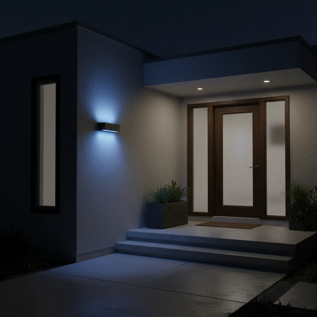 Downward facing porch light preventing light spill into neighborhood