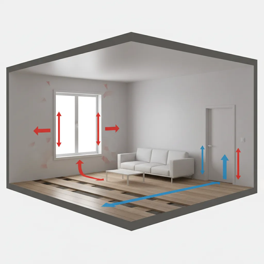 illustration showing heat escaping through windows doors and floors in a room