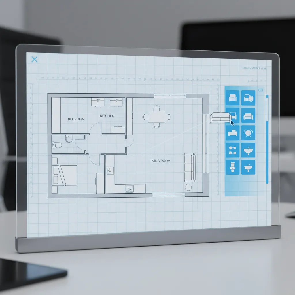 Drag and drop floor plan layout with rooms and furniture blocks
