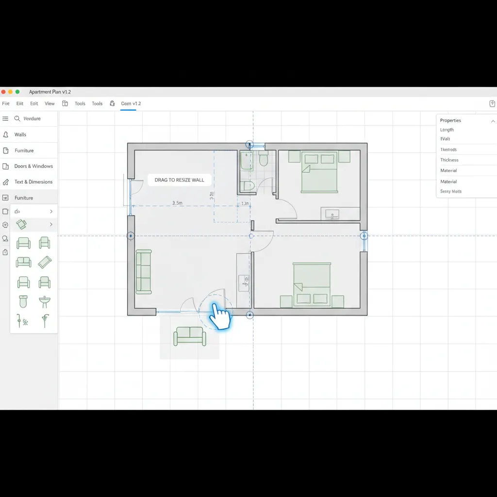 Digital floor plan tool showing drag and drop walls and furniture placement
