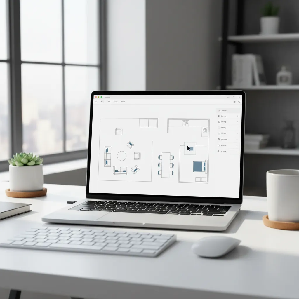 Laptop screen showing drag and drop floor plan creator interface with walls and furniture icons