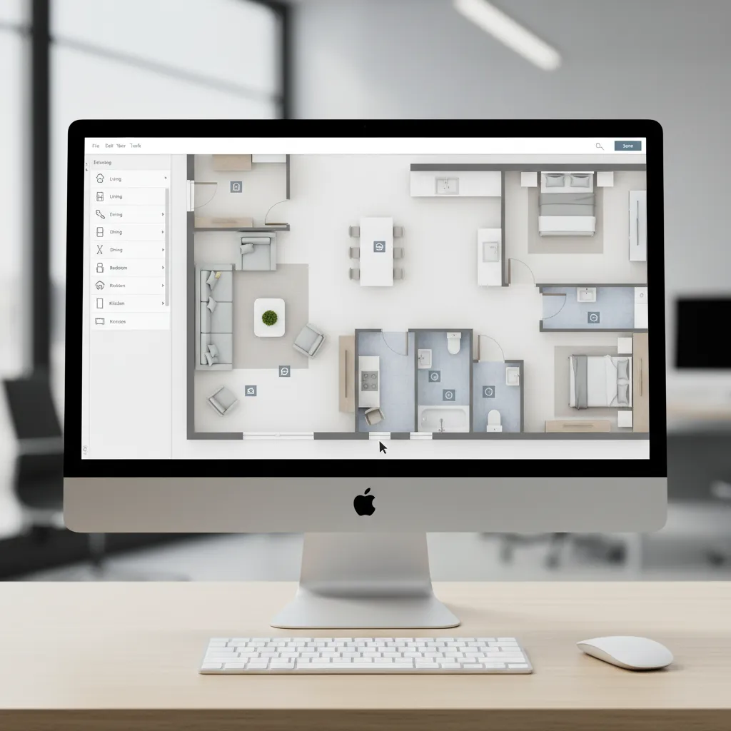 Digital drag and drop floor plan layout with furniture placement in a home design tool