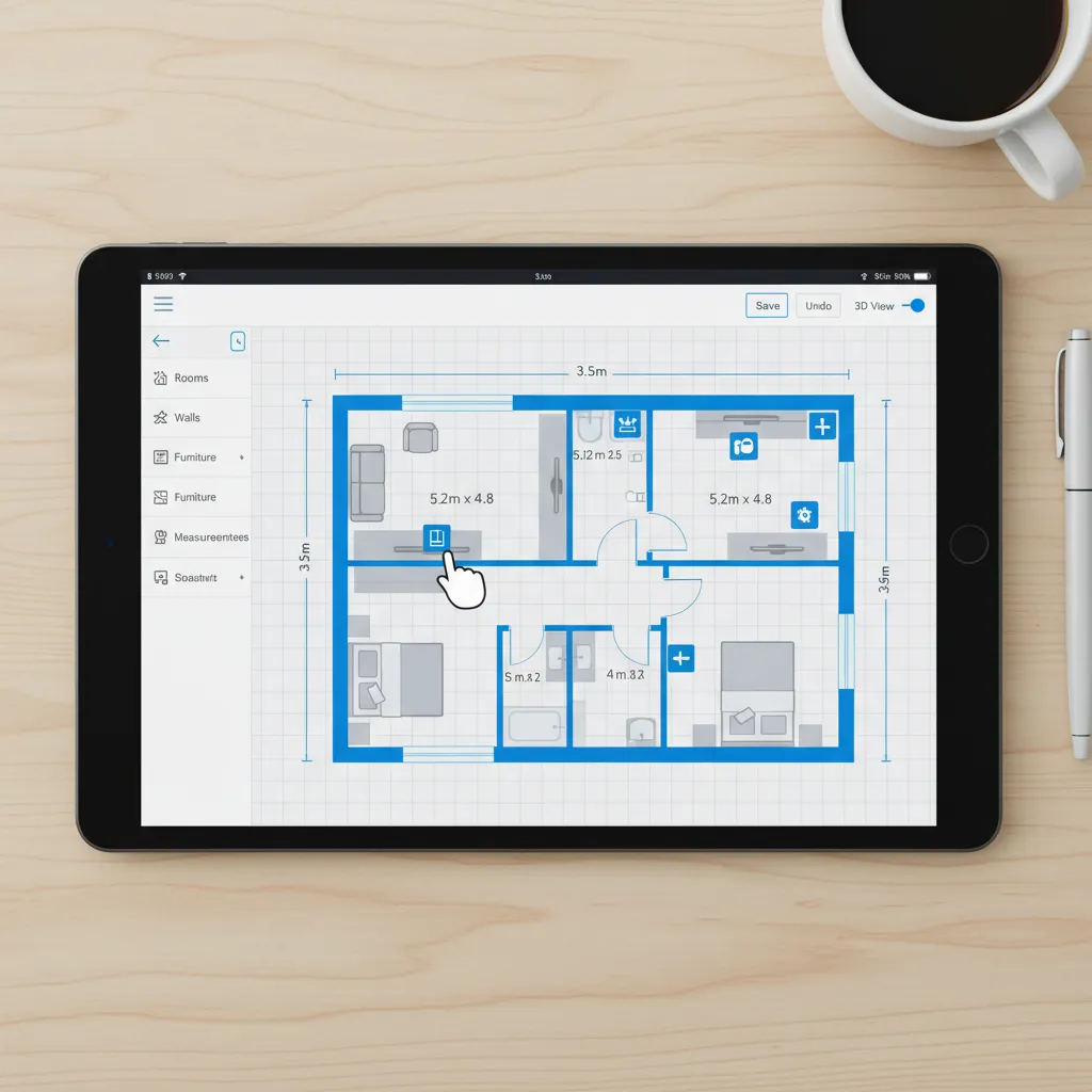 Drag and drop floor plan layout tool creating walls and rooms
