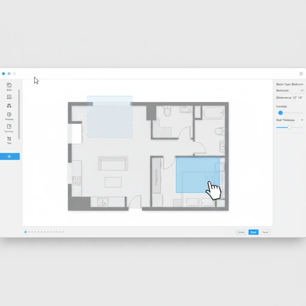 Drag and drop floor plan layout creation with rooms and walls being arranged