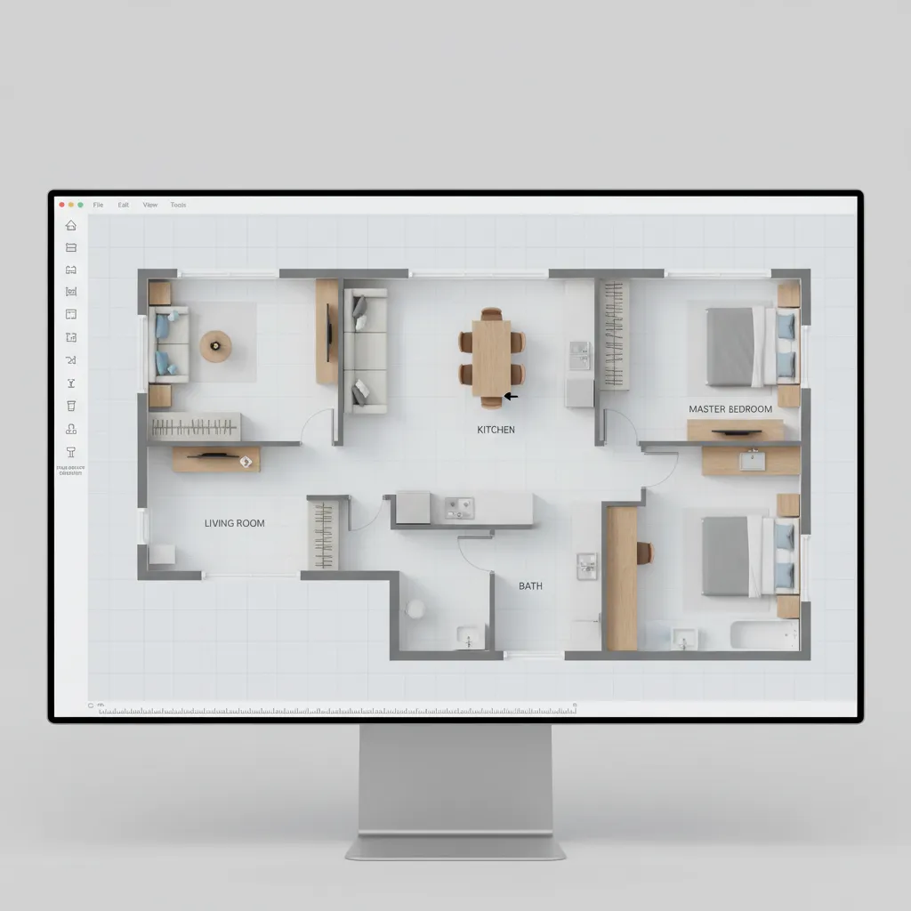 Drag and drop floor plan editor showing rooms and furniture layout