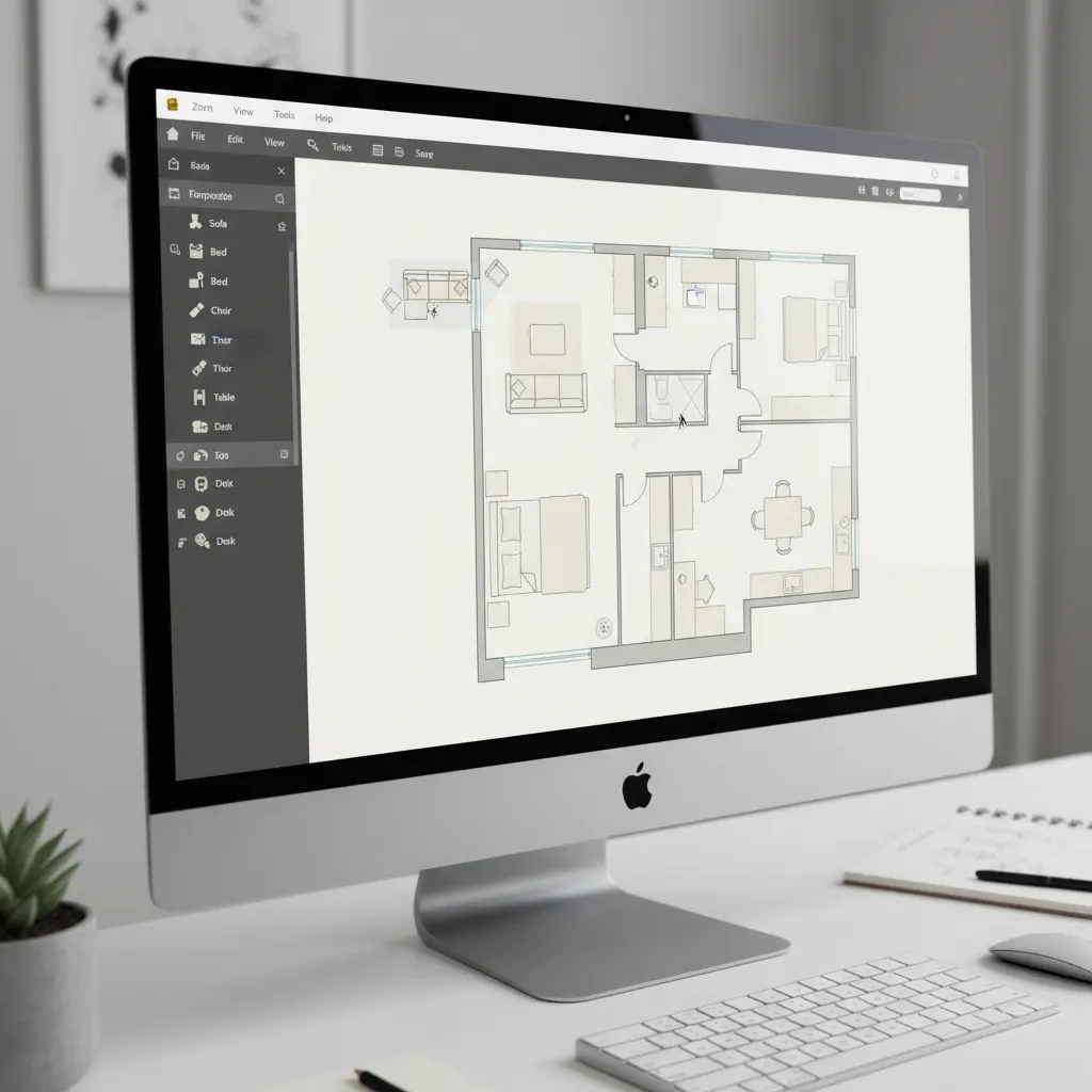 digital interface showing drag and drop furniture inside a 2D floor plan maker