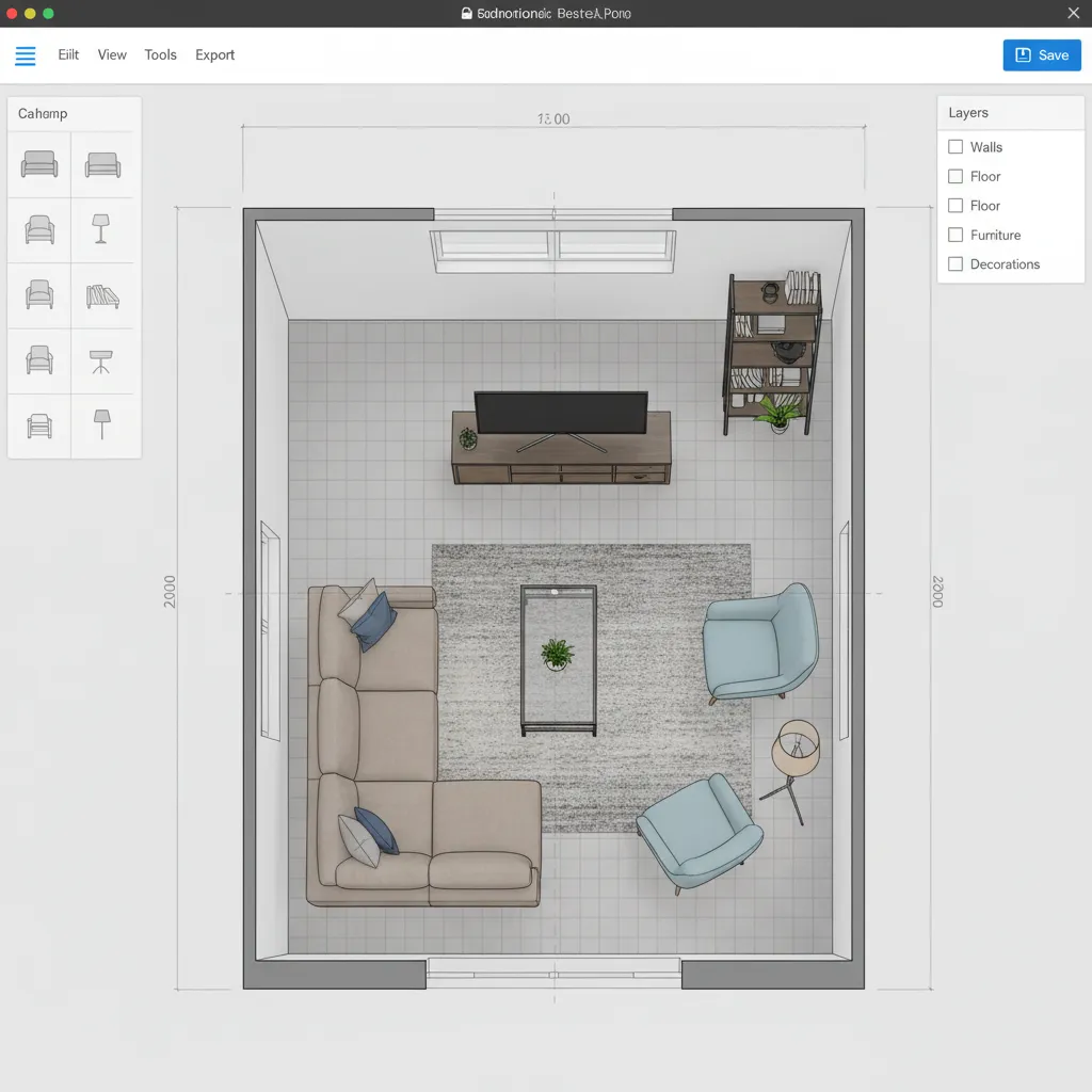 Digital floor plan tool interface showing drag and drop furniture placement