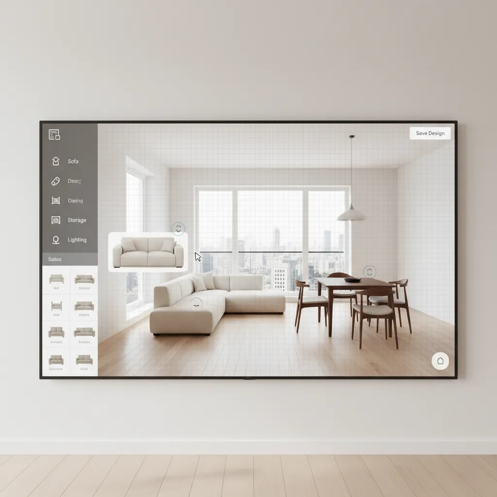 Beginner placing furniture in a digital living room layout using design software