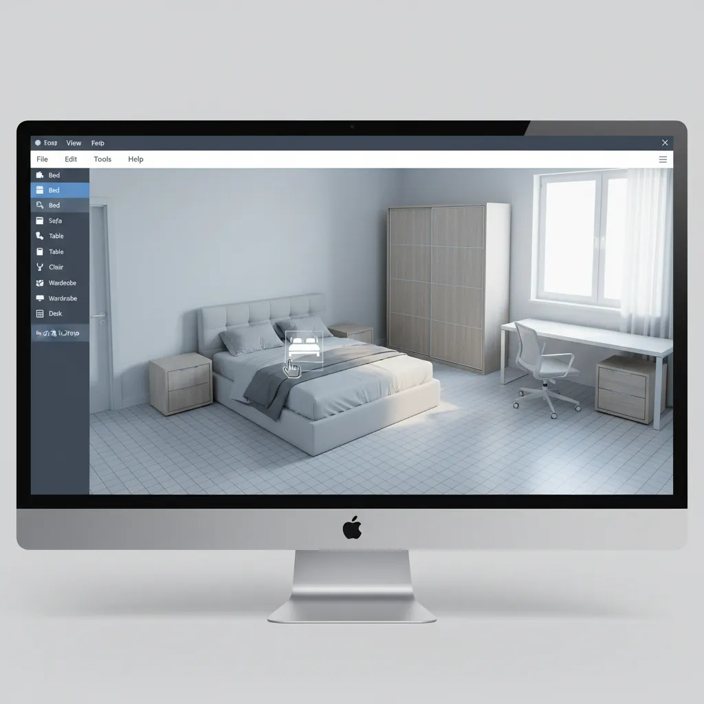 Room planner software interface with drag and drop furniture layout tools