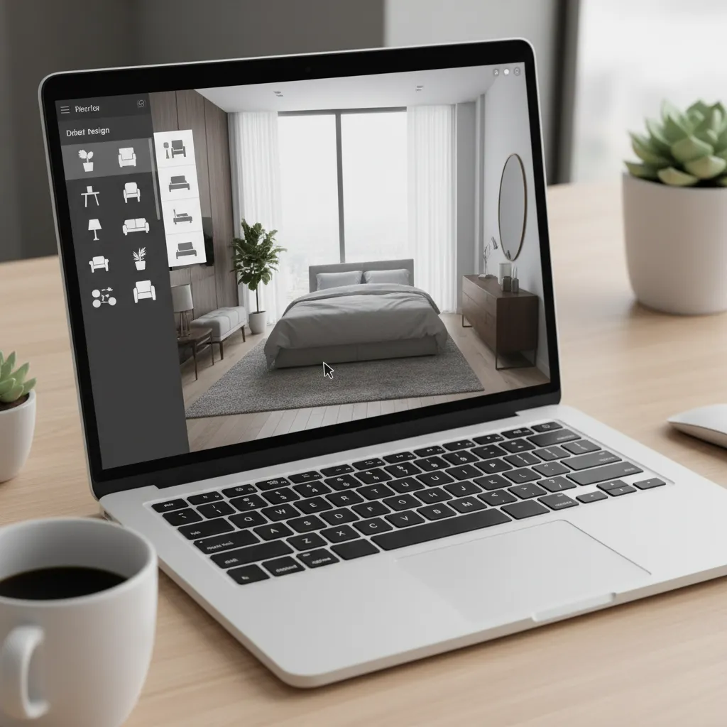 Interior design app drag and drop furniture layout interface on laptop screen