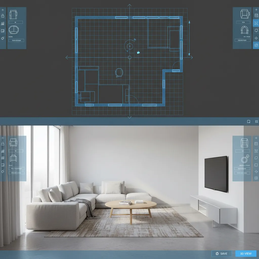 3D home design software showing drag and drop furniture layout in a living room