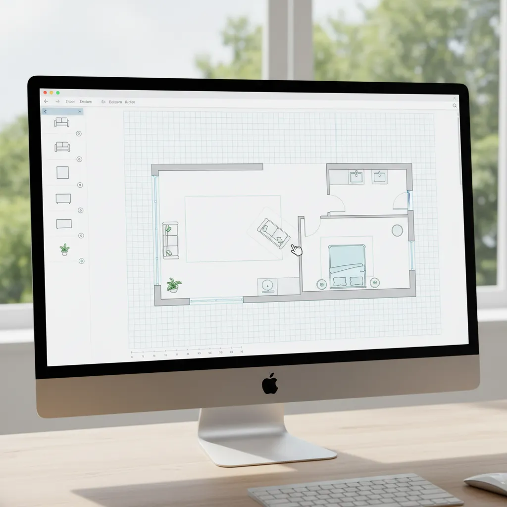 Drag and drop floor plan editor interface with furniture placement tools