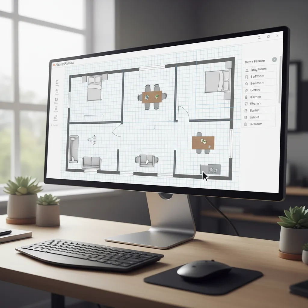 digital drag and drop floor planner interface showing room layout with furniture