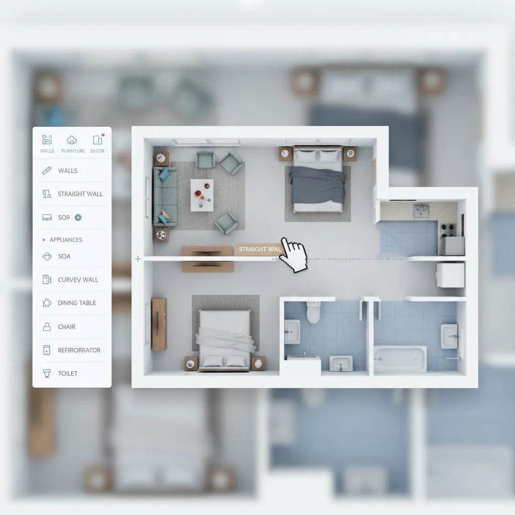 drag and drop floor plan layout editor showing walls rooms and furniture placement