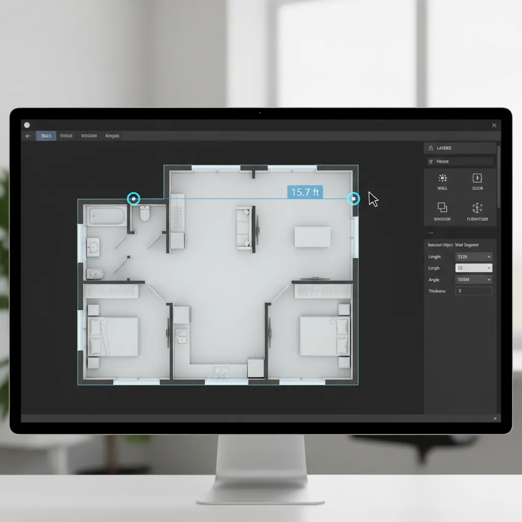 Dragging a wall endpoint to change wall length in floor planning software