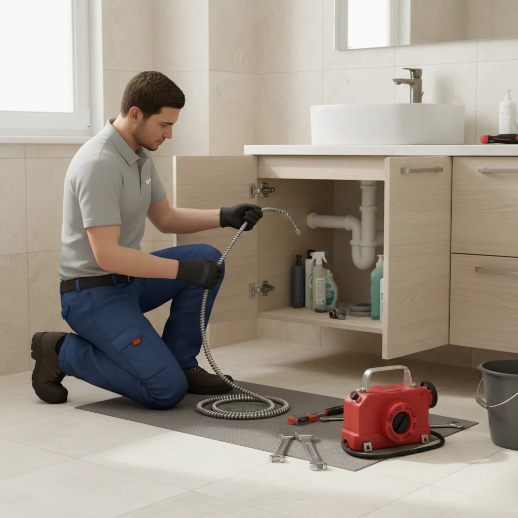 plumber using drain auger to clear horizontal bathroom pipe