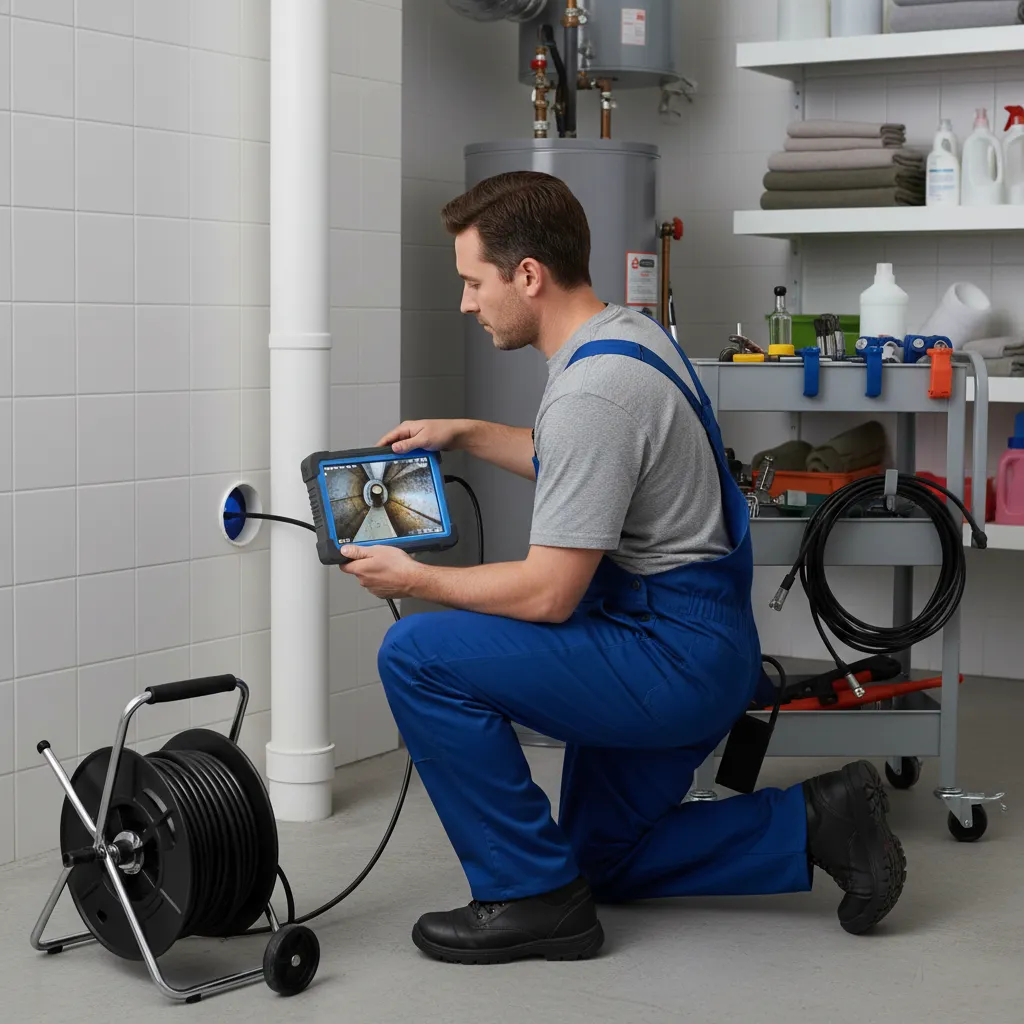 Plumber using drain inspection camera monitor to diagnose pipe blockage