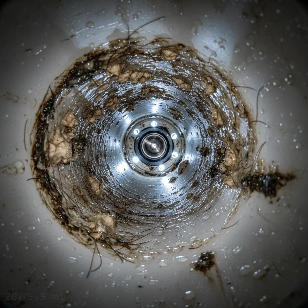 Drain inspection camera inside a pipe showing blockage buildup