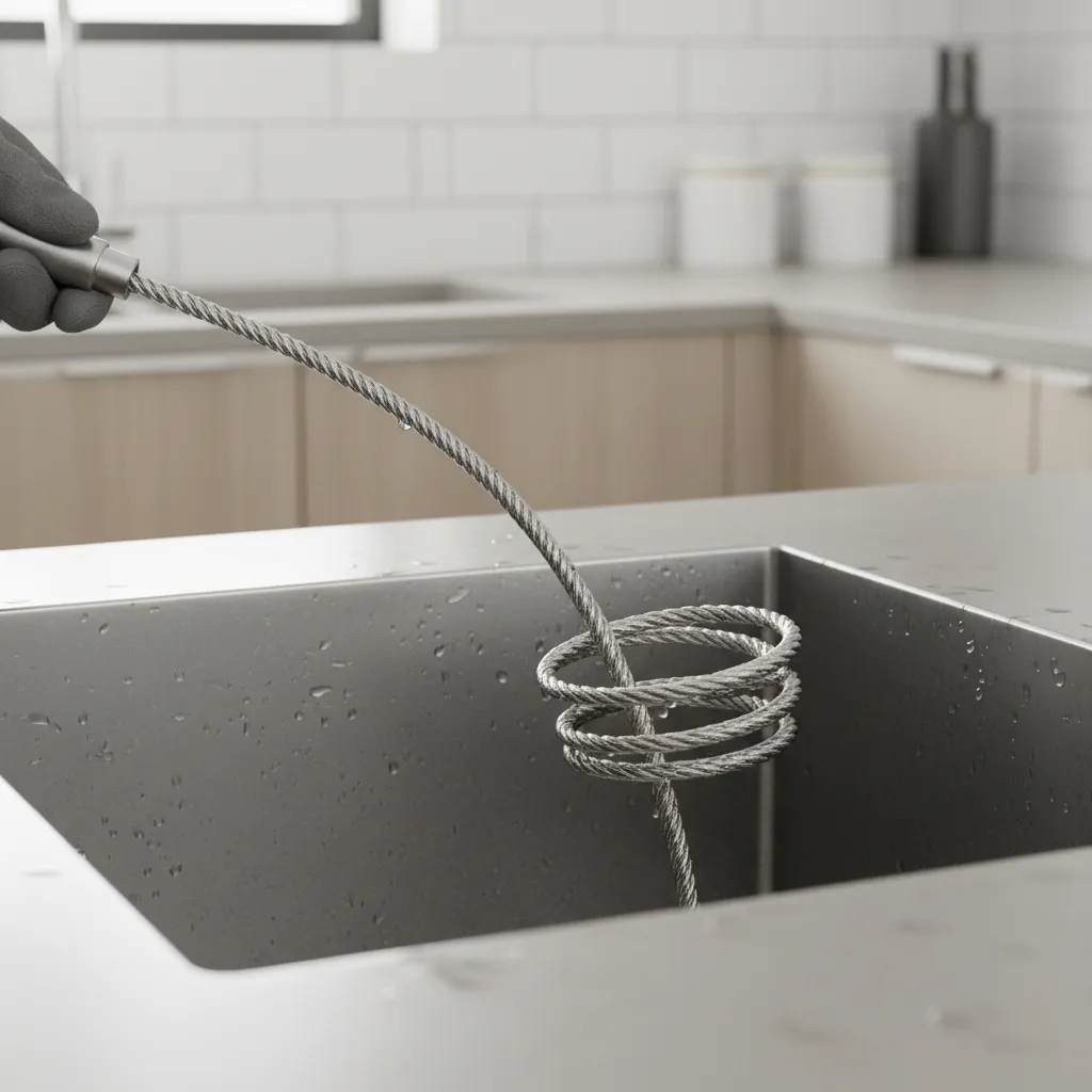 Metal drain snake auger being inserted into kitchen sink drain