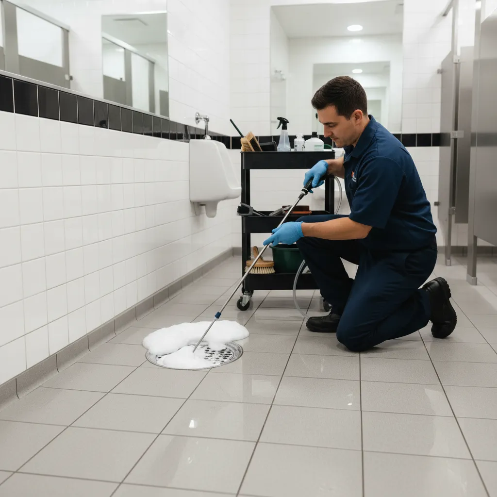 technician applying drain treatment in commercial bathroom