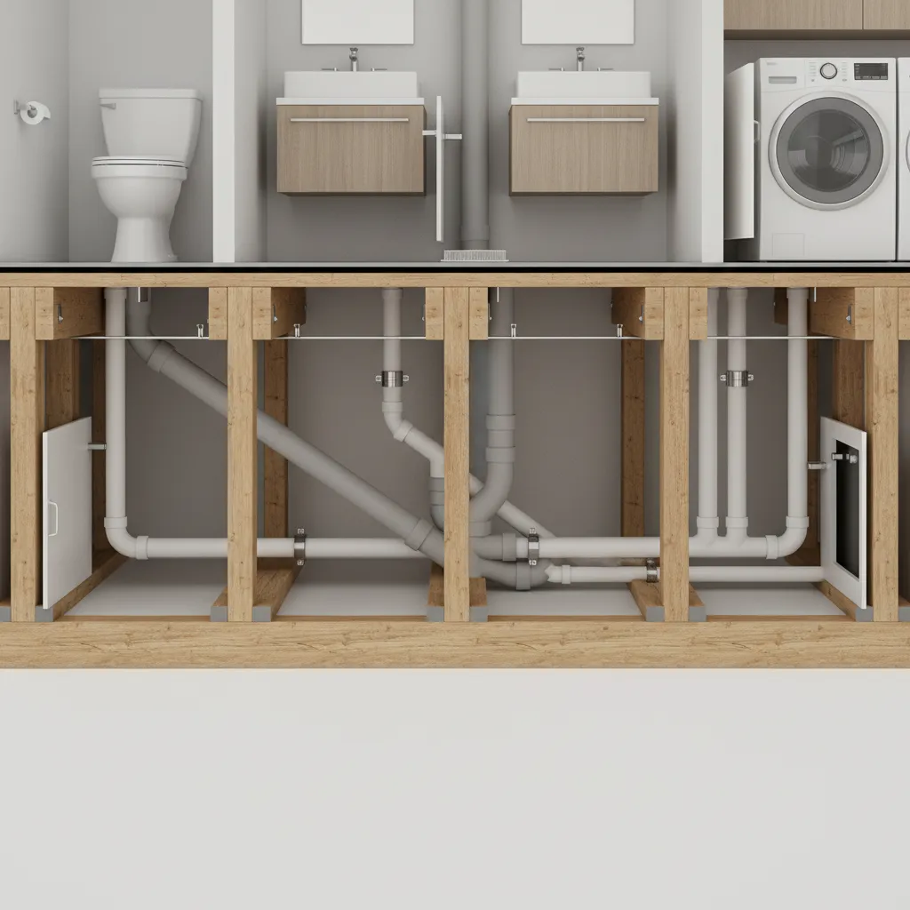 Drainage pipe layout under floor for bathroom or laundry conversion