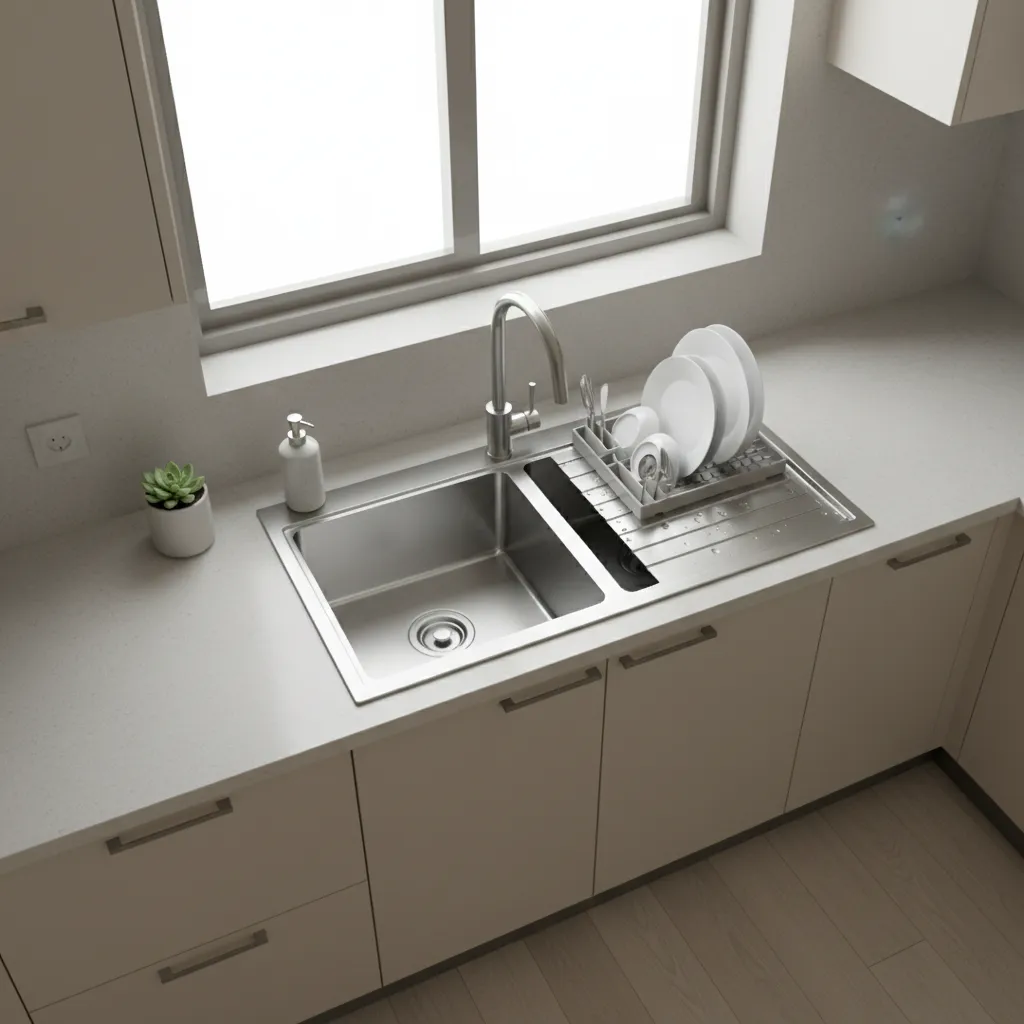 Kitchen sink with right side drainboard showing dish drying workflow