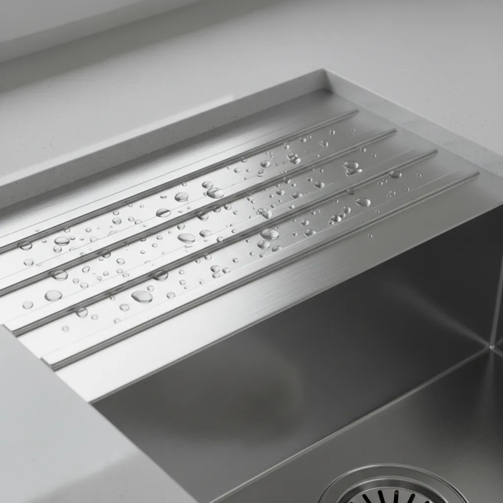 Close view of drainboard grooves directing water toward sink bowl
