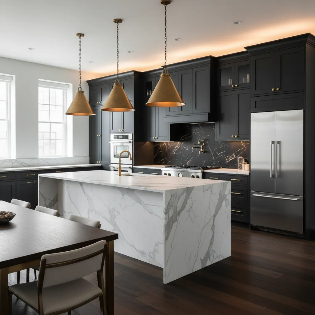 Dark dramatic luxury kitchen inspired by Alison Victoria with marble island and brass lighting