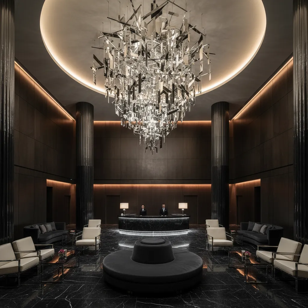 Lobby de hotel con iluminación dramática y pieza escultórica