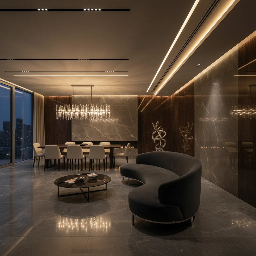 Interior contemporáneo con iluminación dramática y superficies reflectantes
