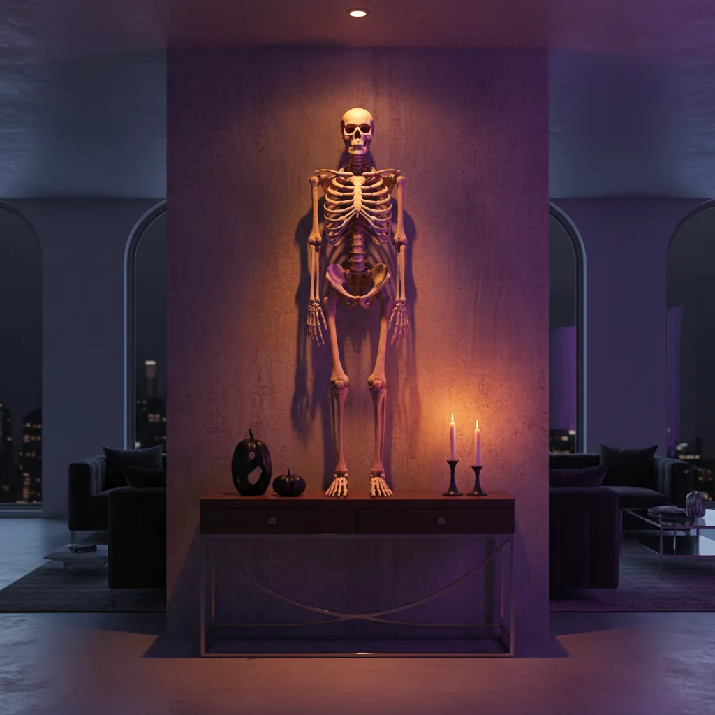 Skeleton wall display enhanced with orange and purple Halloween lighting