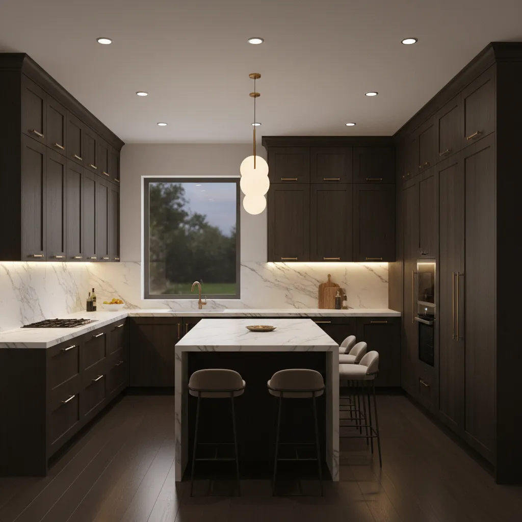 Luxury kitchen lighting with pendant lights and under cabinet lighting